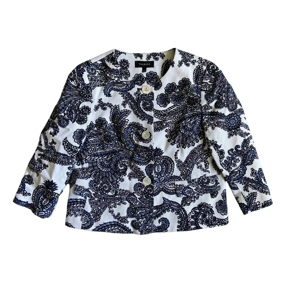 Talbots Cropped Paisley Jacket Blazer Size 4 Blue Swing Quiet Luxury Career wear